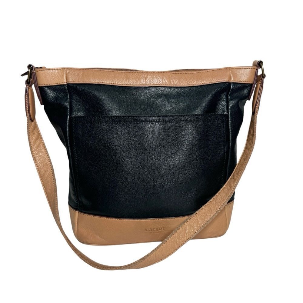 Margot black tan Colorblock Supple Leather Shoulder Bag Soft Slouchy Classic
